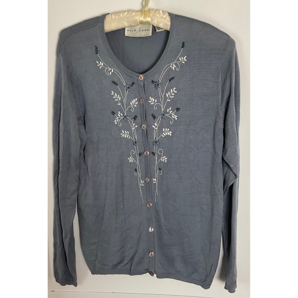 Silk Lore Beth Terrell Blue Gray 100% Silk Floral Beaded Cardigan Sweater Large